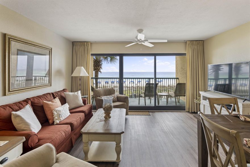 A quaint 3-story building, unit is located directly on the beach in the heart of Destin. A one bedroom fully equipped unit. With a king-size bed in the master bedroom, two bunk beds built into an alcove in the hallway, full-size kitchen, bath and a half. This unit is located on the 2nd floor with a breathtaking view of the beach. Come take a look you won't be disappointed. The on-site rental management company has over 30 years experience in the property management business. The exterior of the building just underwent 1.9 million dollars of renovations exclusive of new roof, gutters, paint, caulk, & stucco repair, etc.