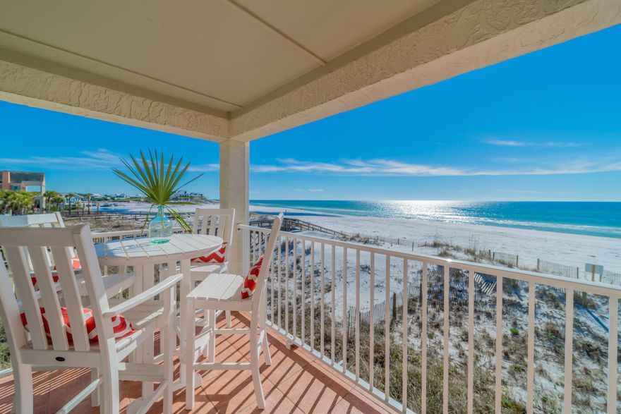 Rarely available corner Gulf front unit in Seagrove Beach with unobstructed views and strong rental potential! This 1 bedroom, 1.5 bathroom condo with hallway bunks has been beautifully updated with new kitchen, bathrooms, flooring, paint, recessed lighting, tongue and groove ceiling, furnishings and more! Enjoy paradise sitting on your balcony with gorgeous views of the emerald green water. This corner unit has excellent lighting due to extra windows and has a wonderful privacy feel because you do not have any adjacent building or balcony obstructing your view. This unit is larger than most 1 bedroom condos on the market today.