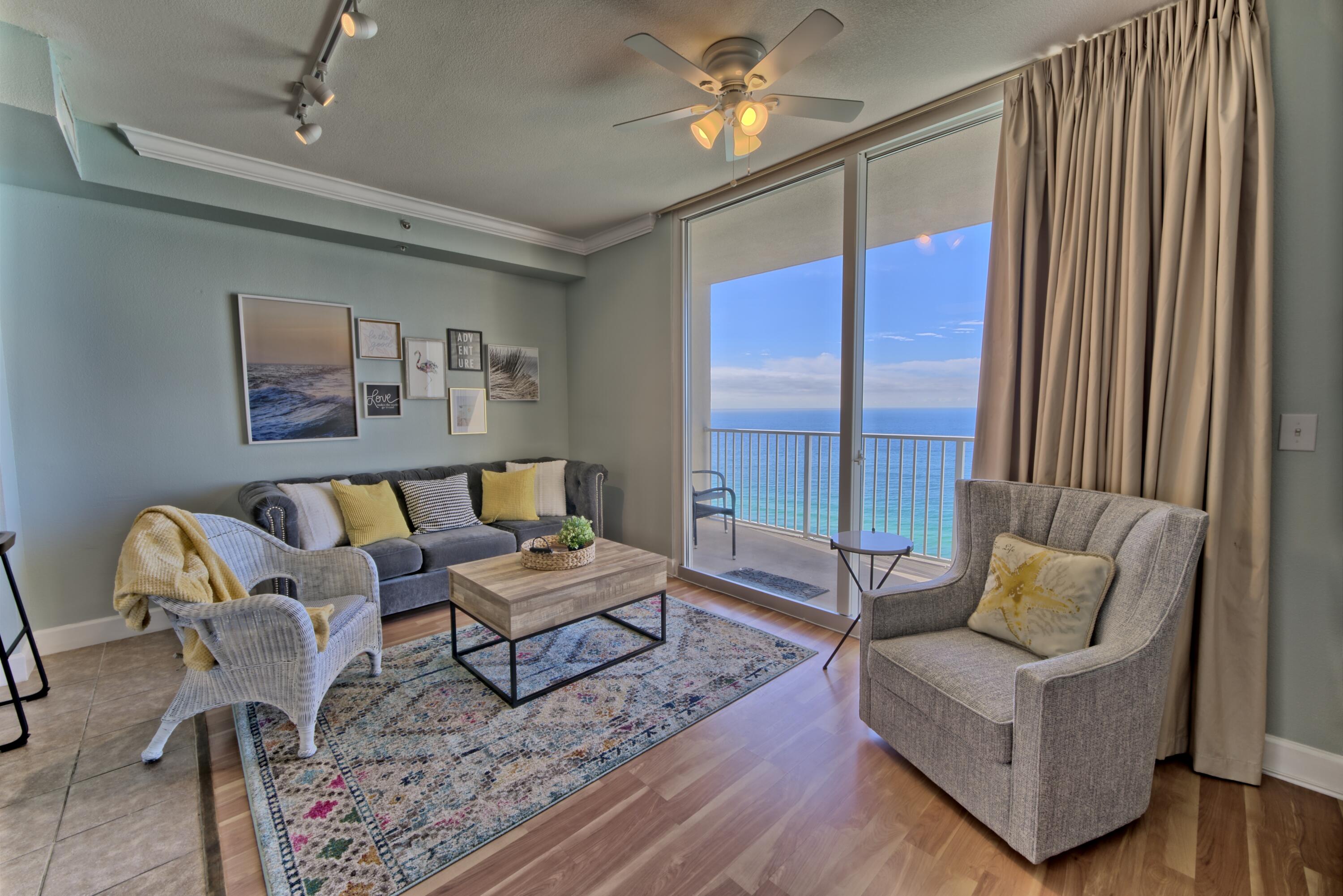 LOCATION, LOCATION, LOCATION! Conveniently located near Pier Park attractions and more. A real fan favorite place to be! This 20th floor condo boasts amazing views of the Gulf from Sunrise to Sunset. Recently updated in 2021 with a modern coastal feel including fresh paint, new lighting throughout the condo and more . The condo features 1 bedroom and hallway bunks that comfortably sleeps 4. The Kitchen is spacious with lots of cabinets, granite countertops and opens up to the Living Room with views galore! Tidewater Beach Resort has too many amenities on the property to list. The Resort has a gated parking garage with a covered skywalk. This is a turn key property that has been well maintained. Great rental income property, 2nd home or primary residence.