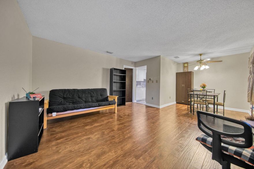 Cute Furnished Condo on Second Floor with no one walking above you. Large living area and a huge bedroom.  Renter pays electric, internet and cable tv.  Beautiful finished hardwood floors, Deep bathtub, pool and laundry on site. Call for a quick tour!!!