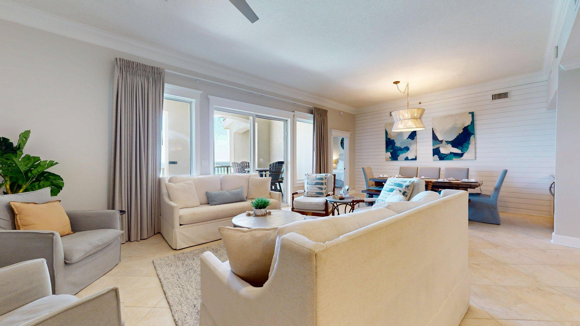 Experience unparalleled coastal living with this beautifully updated penthouse condominium located in the heart of Panama City Beach, Florida. This refined four-bedroom, three-bathroom, gulf-front residence at Grand Panama Resort epitomizes elegance and coastal sophistication. Upon entry, you are greeted by stylish shiplap walls and coastal-themed decor, enhancing the sophisticated ambiance of the space. The gourmet kitchen, complete with a pantry, stainless steel appliances, a large breakfast bar, and an exquisite backsplash, is ideal for entertaining guests. The kitchen seamlessly integrates with the living room, dining area, and wet bar featuring a wine fridge, all offering panoramic views and access to the private balcony, perfect for both relaxation and hosting gatherings. CONT... The expansive primary suite offers breathtaking views and direct access to a private Gulf-front balcony. It includes an ensuite bathroom with twin vanities, a walk-in shower, and a jetted soaking tub. A second master suite, located at the front of the unit, features an ensuite bathroom with a twin vanity, soaker tub, shower and walk-in closet. Two additional well-sized bedrooms are positioned on the east side of the penthouse, one of which boasts a large private east-facing balcony for guests' enjoyment. Parking includes TWO DEDICATED PARKING SPACES in the private penthouse garage located at ground level under Tower 1. ADDITIONAL FEATURES INCLUDE THREE UNOBSTRUCED BALCONIES, TWO OUTSIDE STORAGE CLOSETS, a PRIVATE STORAGE CLOSET IN THE PARKING AREA, NEW HIGH-EFFICIENCY HVAC SYSTEM VALUED AT $25K, and the owners invested $100K in RECENT RENOVATIONS!
Grand Panama Beach Resort, one of the most sought-after resorts in Panama City Beach, offers 24-hour security services, two resort-style pools (one heated), a beachside tiki bar, a large fitness center, an onsite general store, a bistro restaurant, an owner's library, barbecue grills, and a level-5 walkway connecting Tower 2 to Tower 1. This meticulously maintained and updated condominium presents a unique opportunity to acquire your personal piece of paradise. Please schedule your private viewing today. While all information is deemed accurate, buyers should verify details if they are of importance.