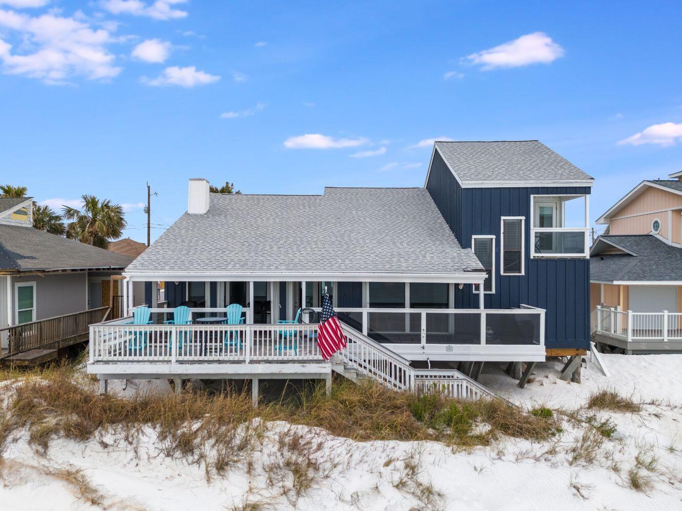 Welcome to FantaSea!Discover a unique beachfront retreat on Panama City Beach's desirable east end. FantaSea offers the luxury of no elevators or HOA and sits on a rare 60-foot beachfront lot.Inside, vaulted ceilings and an open floor plan showcase stunning Gulf views. The spacious back deck extends your living area outdoors, perfect for soaking in the scenery.Upstairs, the master suite boasts high ceilings, a private balcony, and a spa-like ensuite with a soaking tub, tiled shower, and vanity. Downstairs, two bedrooms share a hall bathroom, with an extra bath/laundry combo nearby. The deep garage holds two cars.Make your dream a reality. Don't miss your chance to own your very own beach home.