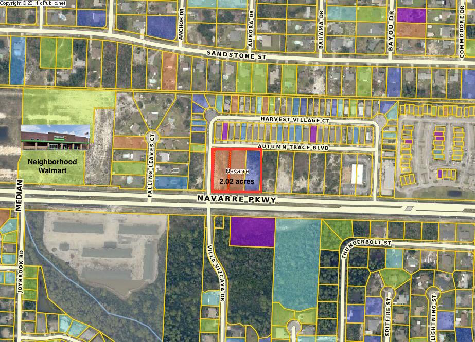 Vacant corner lot (2.02 acres) right on Hwy 98 - the major thoroughfare in Northwest FL between Pensacola and Panama City. The lot is located within 800 ft from the new Neighborhood Walmart in a fast growing area of Navarre. The property has already been cleared and filled to the required building height above the highway. The seller has vacated the county drainage easements which crossed the middle of the lot in favor of one easement thatborders the north, west, and south sides of the property.