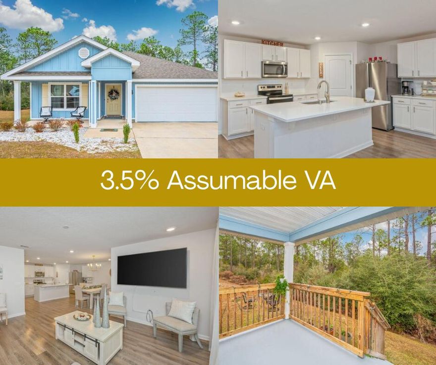 3.5% Assumable VA loan available for qualified buyers!!Experience coastal-inspired living in this beautifully finished Emerald Coast style home. The spacious 4-bedroom, 2-bath layout features an open-concept design that flows seamlessly for everyday living and entertaining. The kitchen offers an island with bar seating, a breakfast nook, stainless steel appliances, smooth-top range, built-in microwave, and corner pantry. Recent upgrades include quartz countertops and a tiled backsplash, adding both durability and style. The primary suite serves as a relaxing retreat with a walk-in closet, oversized linen closet, dual vanities, and a tiled 5-foot shower.