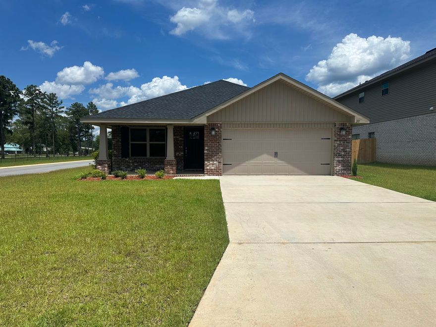 4-sided brick NEW BUILD! Corner lot, close to the gorgeous community pool that is there for your enjoyment. This 1727 sq ft home is being built in one of our most loved neighborhoods located in North Crestview. Ridgeway Landing is within close proximity to shopping, schools, the hospital, and restaurants. Location will not be an issue with this home. This home offers 3 bedrooms and 2 full bathrooms. It comes with both a covered front and back porch, fully sodded yard with some landscaping, irrigation system, and a 2-car automatic garage. Some upgrades that are being added to this home include craftsman style elevation, granite countertops throughout, upgraded flooring everywhere with carpet only in the bedrooms and a separate shower and garden tub in the master bathroom.
