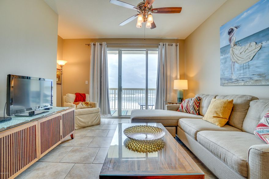 Celadon unit 408 is the beach getaway you've been dreaming of! With 1157sq.ft. floorplan, this oversized 2 bedroom, 2 bath gulf front condo is superbfor entertaining and lives like a beach house in the sky! This unit is features an additional bunk room and has the footprint of a standard 3bed condo - sleep 8!.Perfect elevation within the stack! Riveting Gulf views from the kitchen, living room, and master bedroom are framed by very attractive, seaside inspired interiorswith comfort and style in mind. This offering features all the extras such as tile flooring in living area. Property is very clean and well maintained. The gourmetkitchen features custom tiled backsplash and breakfast bar, stainless appliances, loads of cabinet space, and is fully stocked & family ready!