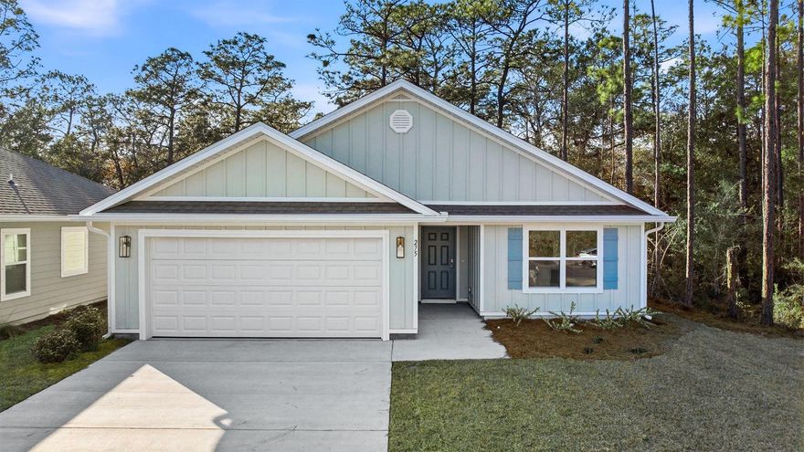 Welcome to 275 Eunola Lane, a new home in Phase III at Ashton Park in Freeport, Florida. This home is ready for move in and is located in a cul-de-sac. Entering this home, you will find EVP through the foyer which opens to a bright and airy space, with two secondary bedrooms and a full bathroom tucked off to one side. These rooms are perfectly sized with each offering plenty of closet space and easy access to the shared bath. This home features a seamless living space with EVP and carpet in the bedrooms.  Continuing into the heart of the home, you will find an open concept living area. Here, the kitchen is open to the living area and features granite countertops, stainless steel appliances, and an island with a breakfast bar that creates the perfect spot for casual dining or entertaining