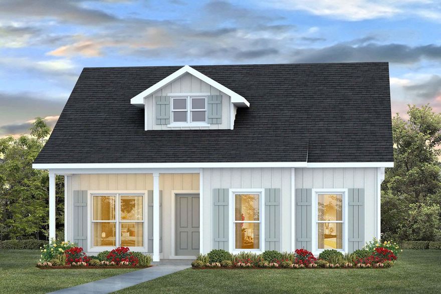 The Owl's Head community is conveniently located off of Highway 331 in Freeport.  We are only 8 miles to Interstate 10, and 16 miles to beautiful beaches and Highway 30 A.  We offer 6 floor plans, 3 and 4 bedrooms. This community offers a community area with paved walking trails and a spring fed lake. | The Aspen plan is a single story 3 Bedroom, 2 Bath home. This floor plan features a covered front and back porch.  There is a separate dining room to enjoy family dinners, or it could be used as a flex space.  There is a large shower in the primary bedroom, with 2 separates sinks.