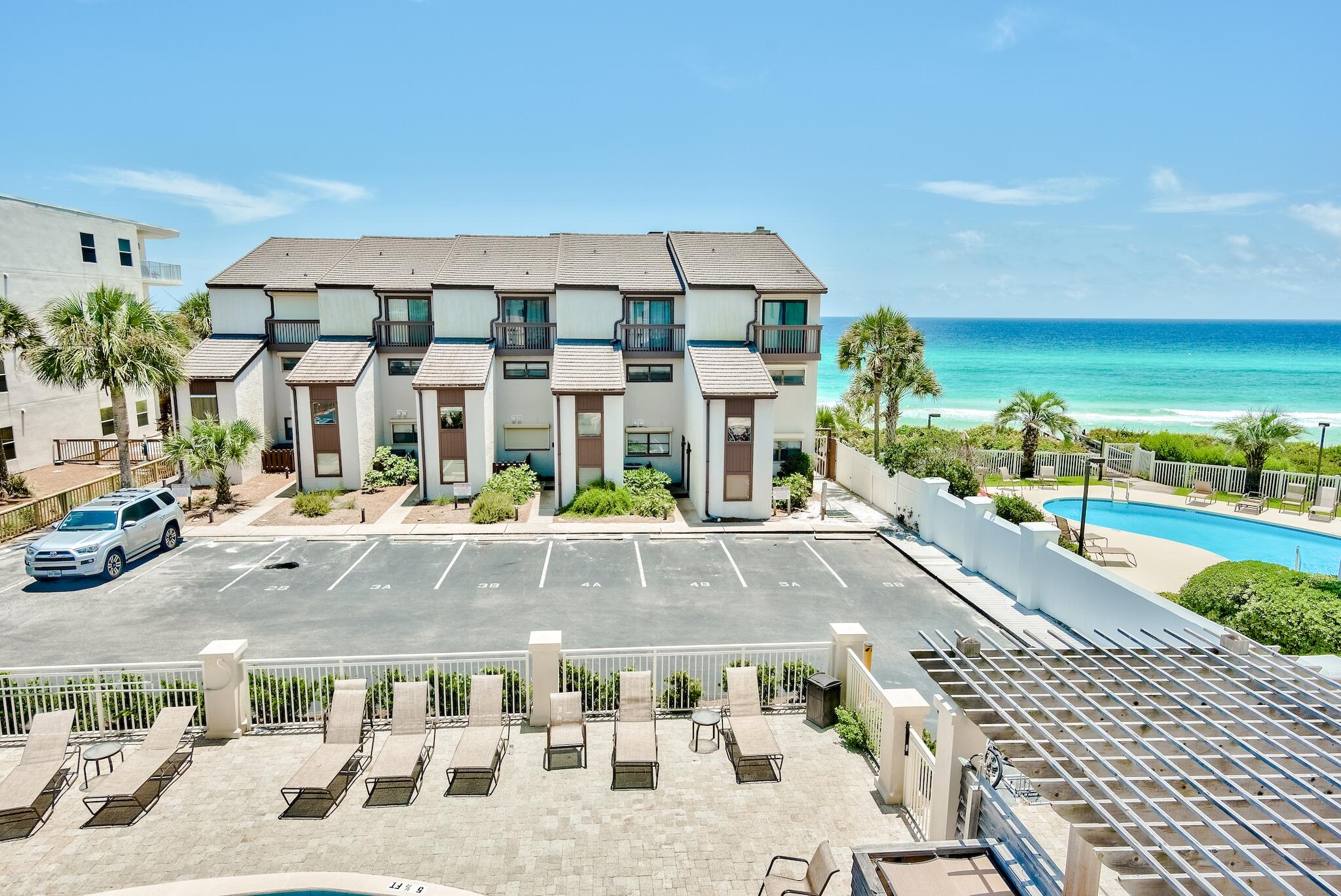 Unit 4B at Seagrove Beach Dune Villas is a gulf-front unit boasting 3 bedrooms and 3 baths. This unit offers a blank canvas for the new Buyer to make their own. Complex amenities include a community pool, BBQ grill and private beach access.