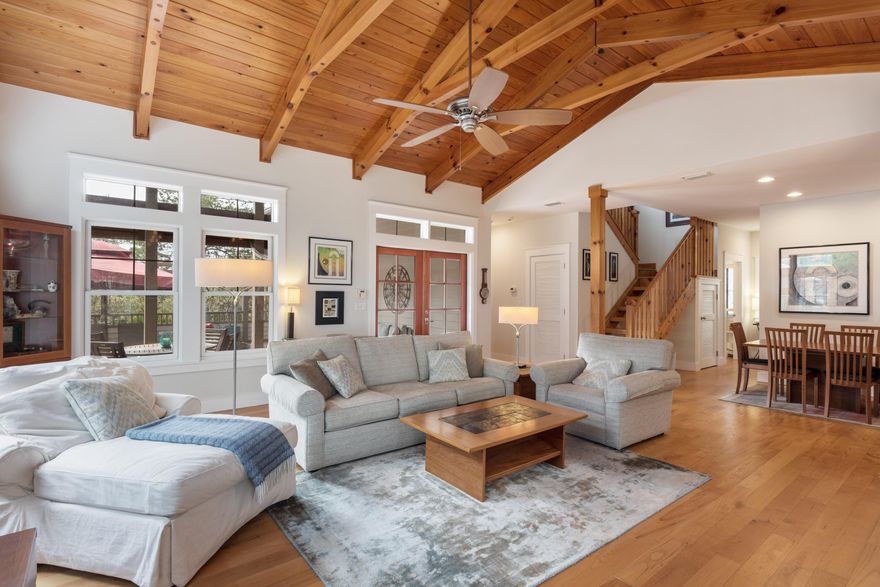 Rare opportunity to own a beautiful home in the non rental, gated community of Summer Ridge. The home is nestled among stately oak trees and features a large secluded courtyard with Trex flooring throughout.It has an outdoor shower. This custom built home has an open floor plan that you enter from the private courtyard.It features a vaulted ceiling, gas fireplace and sunlit windows. The renovated kitchen area has granite countertops, stainless appliances with an induction cooktop. Custom cabinetry includes a desk top and wine fridge.The primary bedroom is on the first floor with an ensuite bathroom, walk in closets and opens to the private courtyard. The first floor also has a half bathroom and laundry room. The second floor features 2 bedrooms with adjoining bathrooms. A carriage house provides a fourth bedroom with full bath and 2 car garage.
Summer Ridge is a small gated community of 23 homes. It has a community pool which is just steps away from this home. It is an easy walk or bike ride to the beach and Gulf Place, which offers shopping and restaurants.