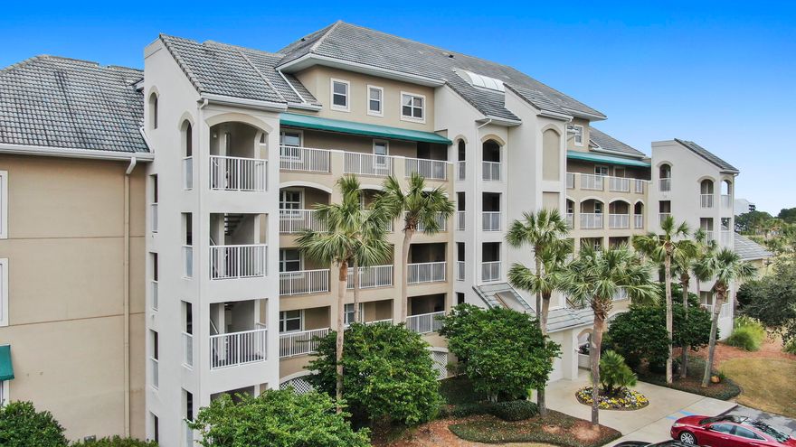 Top floor view in this condo is gorgeous.  Vistas to the north from both bedroom,  and the balcony off the living room look over the fairway, then the Choctawhatchee Bay.  Water for miles!  Tiled floors, tastefully furnished, electric fireplace in the living room make for nice lighting and a little heat in the winter time too.  The kitchen is modern and equipped with stainless appliances, beautiful backsplash, dishes and utensils, and has a nice window into the living room.  There is a stacked washer and dryer and ample closet and storage for full time living or vacation guests.  Room measurements are approximate and should be confirmed by buyer if important.  Most furniture is included, with one exception.