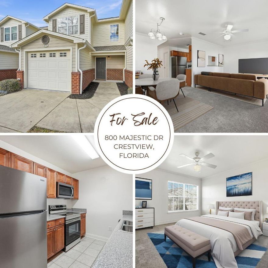 *** LOCATED SOUTH OF I-10 IN CRESTVIEW, FL!!!*** Location-Location-Location! Quick commute to Military Base and Emerald Coast Beaches! Welcome to the beautiful community of Eagle's Landing. This newly updated 2 Bedroom 2.5 Bathroom Townhome boasts two master suites, each with their own private ensuite master bathrooms and large walk-in closets, located on the second floor of the home. The main floor offers a spacious tiled foyer with plenty of room for a nice entry table. The homes spacious galley style kitchen is complete with BRAND NEW stainless steel appliances (refrigerator, smooth top oven/stove, dishwasher, & microwave), plenty of solid wood cabinetry for storage, and wall opening over the sink that connects to the living room. A storage closet under the stairs is located across from the kitchen and doubles as an excellent pantry. The main floor combined living room and dining room are connected to the kitchen, and offers the perfect setup for entertaining. A French door in the living room takes you to the outdoor patio with vinyl privacy fence panels. This outdoor space is great for relaxing and overlooks the community pool and clubhouse off in the distance. The main floor offers a half bathroom located just off of the foyer for guests. The the back side of the half bathroom serves as the in-door laundry room, and can easily be closed off with the installation of a curtain or partition. The home's single car garage with auto opener offers access to the home's foyer. The Eagle's landing community offers excellent amenities to enjoy such as: MASSIVE Community Pool with lots of tables and chairs for lounging in the Florida sun, Clubhouse, Playground, & Boat & RV Storage, and FULL UPKEEP on all community landscaping! 
This property offers $10,000 in recent updates! NEW architectural shingle roof, NEW stainless steel appliances, NEW hot water heater, NEW carpet, NEW paint and more! 
This home is PERFECT for a military service person, roommate setup, first-time home buyers and comes with a BUDGET FRIENDLY PRICE! Don't let your opportunity to make this home your very own. Schedule your showing TODAY!