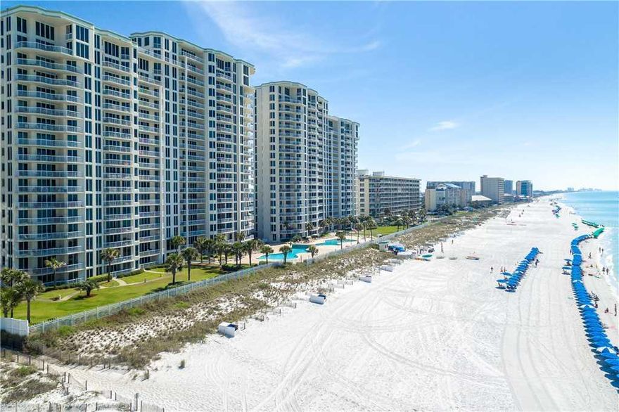 Loation location location. Highly coveted 10th floor end unit in Silver Beach Towers.  This is truly a 'toe's in the sand' building with expansive views of the beach and gulf of Mexico.  This unit has 1 deeded covered parking spot, storage cage at the garage level and arguably the best floor plan on the beach. Resort amenities include 600 feet of beach access, two community pools (one heated) with 2 hot tubs, tennis courts and BBQ area . This would be a great vacation home, investment property or primary residence.