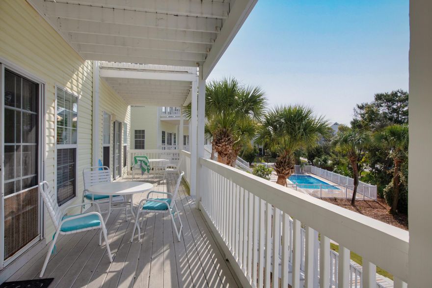 This townhome boasts 9 ft ceilings, spacious combination living and dining area with an outdoor dining space as well on the patio which offers the perfect setting to make your beach memories. It features a large kitchen with lots of cabinet space, a breakfast bar, a wine rack, a large pantry, stainless steel appliances, and is being offered fully furnished. Just off the kitchen is a large laundry room complete with a washer and dryer.The master bedroom with it's cathedral ceiling has a private balcony overlooking the scenic views of the pools and 30A. The master bath has a dual vanity, bathtub, and separate shower. The second bedroom has a walk in closet and a private bathroom. The townhome has covered parking and an outdoor storage room for bikes and beach gear. The Legends of Santa ...