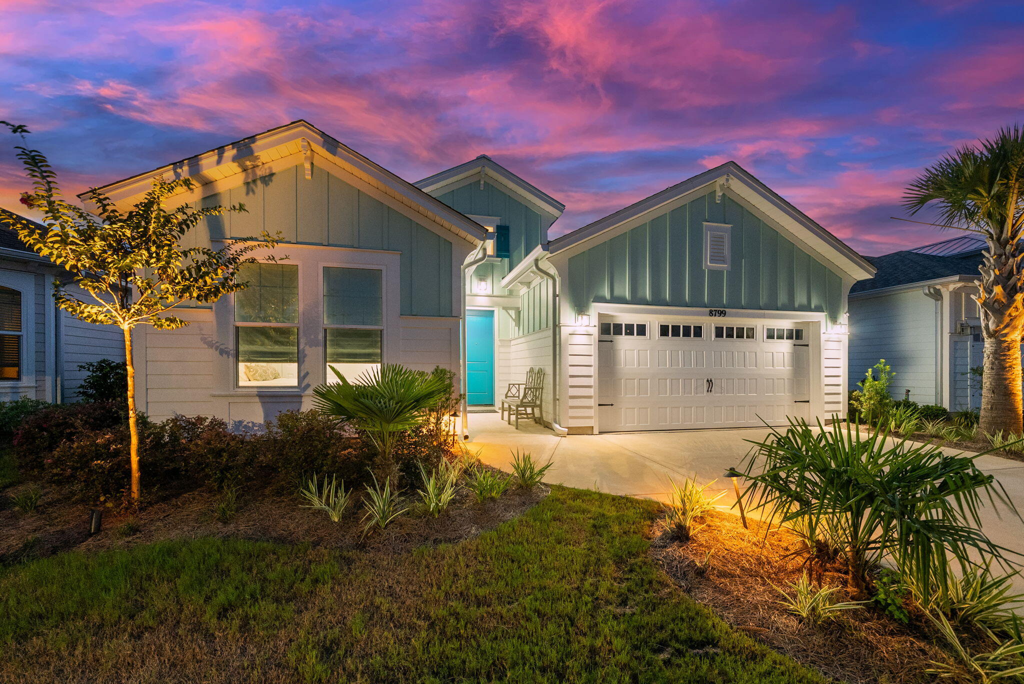 On a $90K premium, west-facing, waterview lot, this Cabana Bay captures sunsets over a pond and preserve. With $180K in upgrades, it offers 3 bedrooms, 2.5 baths, a custom office, extended enclosed lanai, vaulted beamed ceiling, built-in gas fireplace, and coastal finishes. The kitchen features top-tier appliances, decorative range hood, pull-out drawers and upgraded bamboo pantry shelving. Primary suite boasts a spa-inspired shower and upgraded cabinetry. Whole home generator, epoxy garage, and landscape uplighting included. Latitude Margaritaville Watersound features resort-style pools, trails, Town Center, dining, daily live music and more - near NWFL Beaches International Airport, Pier Park, public beaches, planned FSU Health Hospital and planned public marina with slips/lifts/rentals