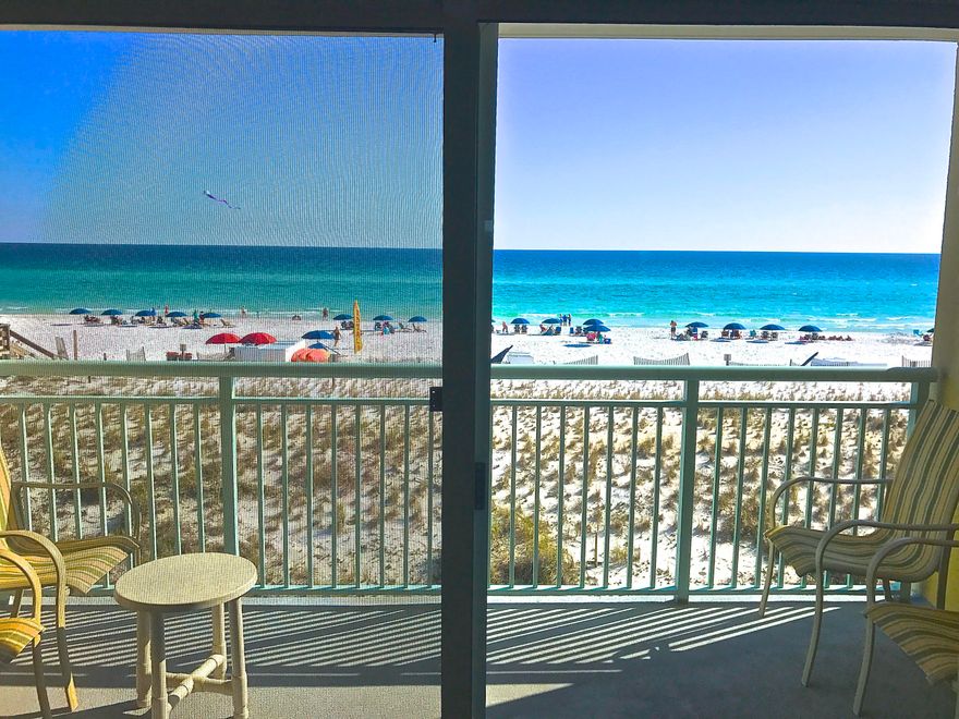 Direct Beachfront, 1 bdrm. with hall bunks(sleeps 6)Also, comes with private covered parking space close to elevator.($15-$20K value) Relax and enjoy Gorgeous Views direct panoramic views of the pristine aqua waters and white sandy beaches from your living/dining area. This condo has a spacious light & bright kitchen with lots of counter space and a huge breakfast bar. Comes completely furnished; the hall bunks even have their own flat screens! Tiled in main living areas, hallway, and baths. Excellent rentals! Should do approx. $30K+ annual gross rentals. Low dues, newer building with approx. 300' of gulf frontage. Gulf side pool, hot tub spa,fitness room, BBQ area!,