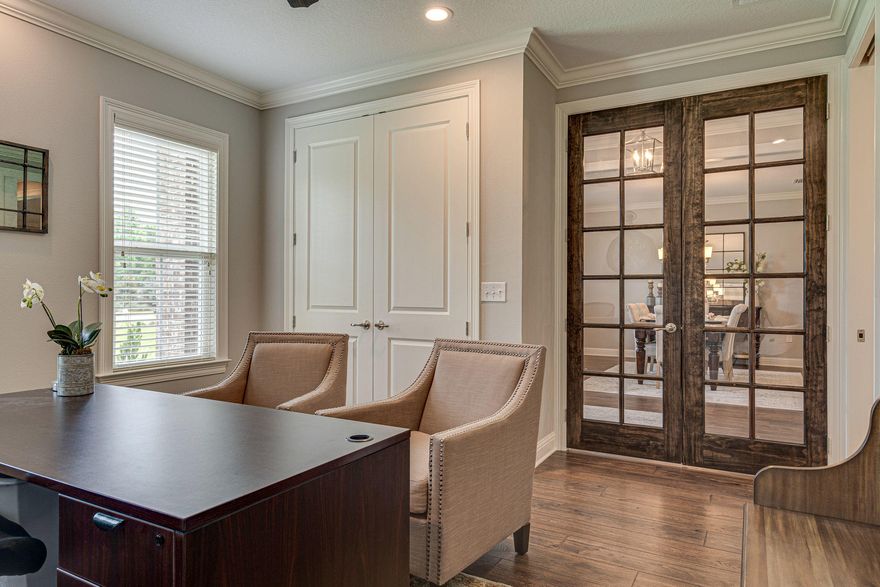 Situated on a half acre the Brooke features an open layout with 3 bedrooms, 2 baths, flex room and formal dining room. Enjoy the nice front and back porches. The foyer opens to the dining room, living area, kitchen and nook. Master suite offers a tiled shower with hand held shower and tub deck along with a the large walk-in closet with direct access to utility room. Floor coverings are Mohawk Revwood Plus laminate throughout with ceramic tile in the wet areas. Custom features to include crown molding, matte black fixtures throughout, 5' tiled shower, jetted tub, 8' doors throughout, stained 12 lite doors to flex room, laundry room cabinet with granite countertop and undermount sink. Plenty of room to park a camper, boat or motorhome.