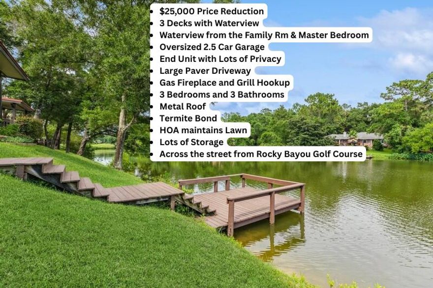 Lakefront Luxury Awaits at Rocky Bayou Country Club Estates. Discover the perfect blend of elegance and tranquility in this stunning end-unit villa on Lake Henderson.  Enter the home through your own private courtyard. Tucked away in a quiet cul-de-sac, this home offers tranquil water views from the main living area and master bedroom, creating an atmosphere of pure relaxation.  Step inside to find new hardwood flooring and carpet on the main floor, complemented by soaring vaulted ceilings.  Windows flood the space with natural light. The gas fireplace provides warmth and charm, while the kitchen's office alcove offers a peaceful spot to take in the surrounding scenery.The master suite is a true retreat, featuring a whirlpool tub, large walk-in shower, skylights, and walk-in closet.    
Outside, embrace lakeside living with 3 decks and a terraced hill with paver steps leading to the lake. Enjoy effortless entertaining with a natural gas hookup for your grill, plus a shared dock for easy lake access.

The spacious 2.5-car garage and ample storage ensure all your needs are met, while the HOA-maintained lawn keeps the property pristine year-round. 

With a 2022 inspection confirming 25 years of remaining life on the metal roof, a termite bond in place, and a desirable location in Rocky Bayou Country Club Estates, this villa offers the ideal opportunity to live a life of leisure on the lake.  

Make this lakeside dream your reality today! 