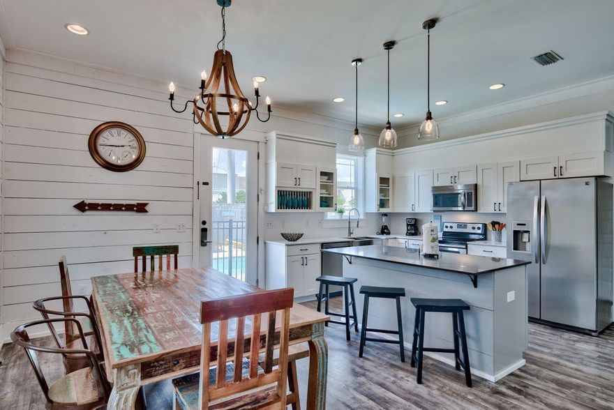 Constructed with a high level of detail and boasting $105,000-$128,000 in projected gross annual rental income along with no HOA dues, this home is the quintessential Crystal Beach residence and ideally located directly South of the Destin Commons, as well as only a short walk or bike ride to and from the unrivaled beaches of the Emerald Coast. This six bedroom home is beautifully designed with modern coastal finishes such as long plank hardwood flooring throughout, nickel-gap shiplap, stone countertops, and stainless steel appliances. The home is also highlighted by a sizable private pool, ample parking space and large outdoor spaces.