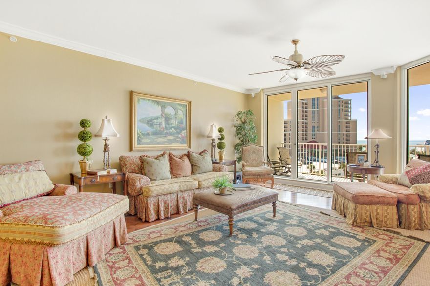 Enjoy breathtaking views of the Gulf of Mexico from this 6th floor, three bedroom, three bath residence. Whether you desire breathtaking sunsets or the excitement of fireworks over The Village of Baytowne Wharf, this 6th floor condominium in Sandestin's premier, non-rental building has incredible views. Stone floors in foyer and kitchen; dramatic wood floors in living and dining rooms. Furnished in a tasteful blend of breezy Island style with bright Creole accents. Incredible Brown Onyx built-in buffet and Green Onyx breakfast bar. Custom marble in Master Bathroom.  Luxurious custom window treatments. Gateway 42'' plasma tv and Bose Surround Sound System. Includes a deeded golf cart parking space.