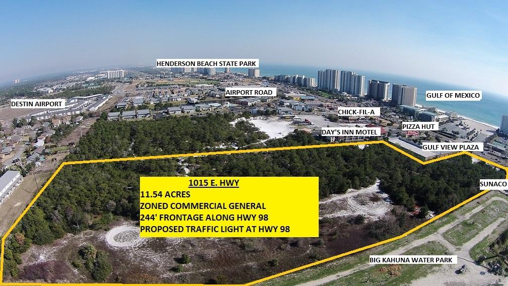 The largest parcel of land currently available in Destin fronting Hwy 98. This parcel is 11.548 acres located on north side of US Hwy 98 E across from the Gulf of Mexico and on east side of Big Kahuna's next to Sunoco gas station and west of Gulf View Plaza. PROPERTY HAS 244' OF ROAD FRONTAGE WITH POTENTIAL OF LOT BECOMING A CORNER LOT WITH 1277' ADDITIONAL ROAD FRONTAGE ALONG WEST SIDE OF PARCEL. CALL BOBBY PARISH FOR ANY ZONING QUESTIONS.