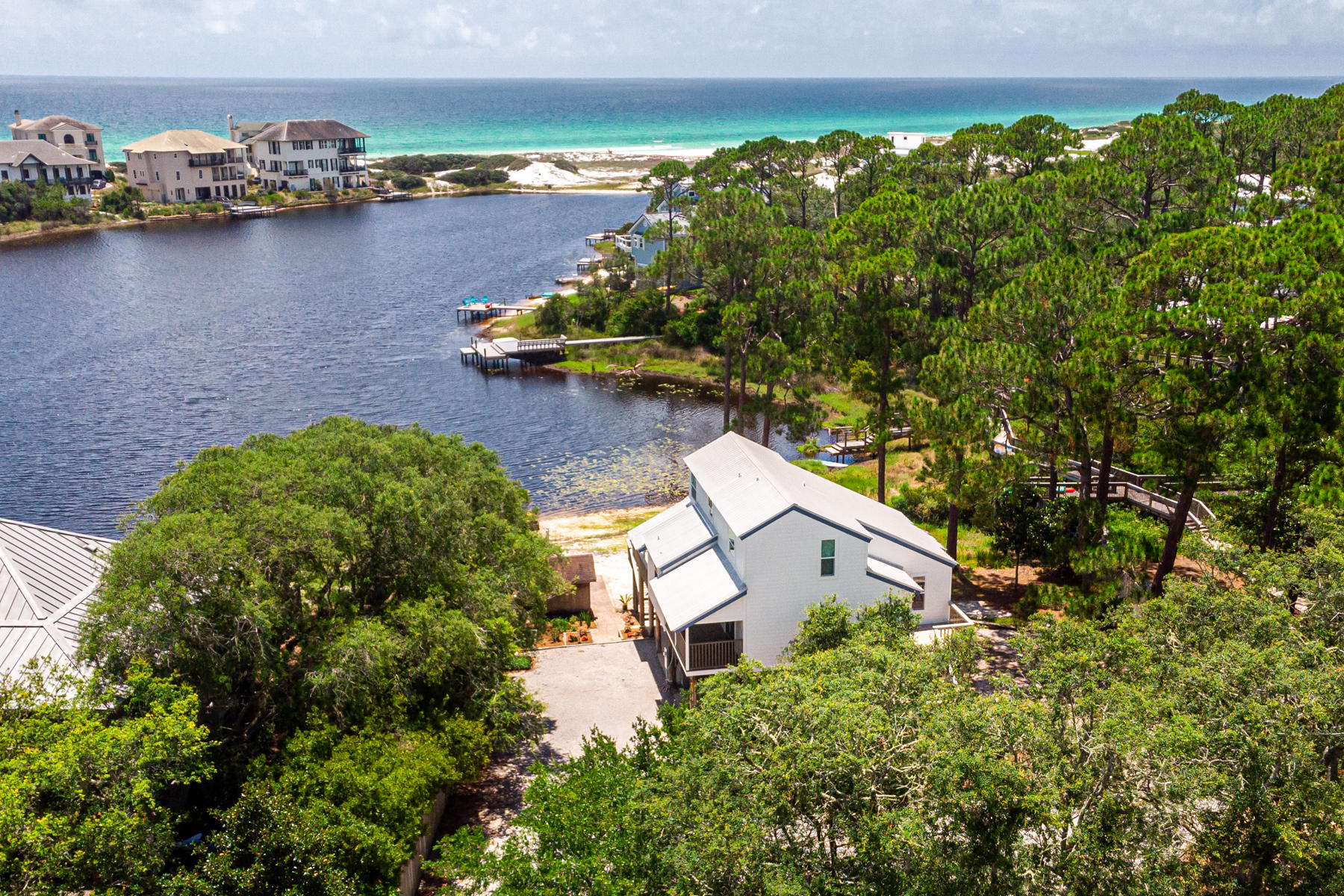 South of 30A overlooking a coastal dune lake is this incredible, newly renovated home, offering sweeping views of Stallworth Lake and the Gulf of Mexico. The picturesque views can be found from nearly every portion of the home, from the expansive back porch, the kitchen, family room and the 3 bedrooms. Along with the beautiful views the home has recently undergone a total restoration making it turn key with all new kitchen, floors, bathrooms, lighting, appliances and new high end coastal decor furnishings. There is no need to stress about finding beach parking as the local beach access is a short .4 mile distance by foot or .3 by paddle. The beach access for this area is low density and neighboring Topsail State park is a just a short walk down from the access making