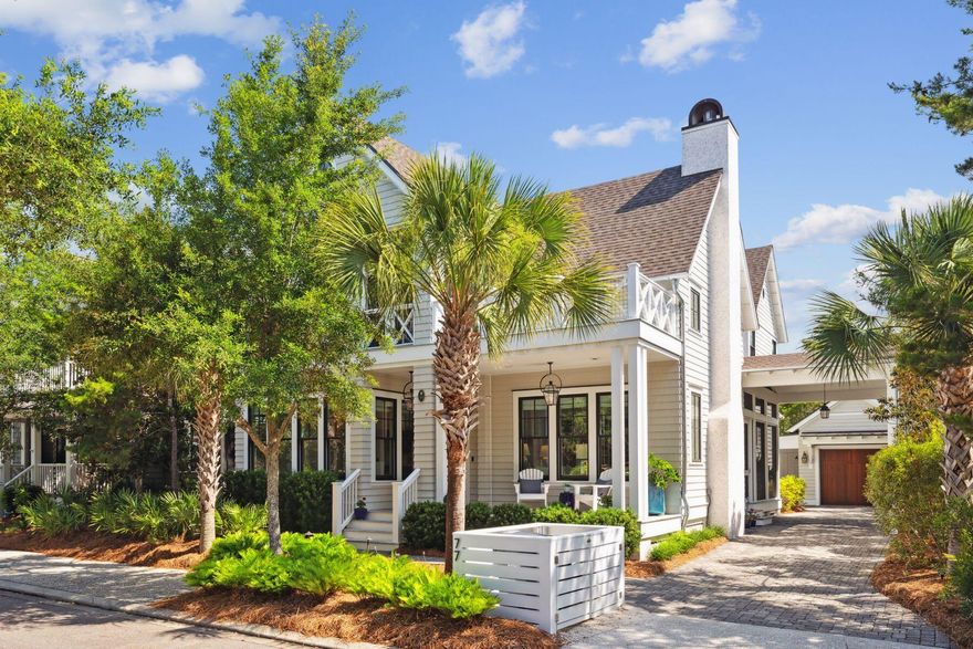 Welcome to your coastal sanctuary in the acclaimed beachside enclave of WaterSound Beach. Nestled in a community renowned for its pristine mile-long stretch of private beaches and over seven miles of scenic boardwalks, 77 Salt Box offers an elevated lifestyle in one of 30A's most sought-after destinations.A gracious front porch with rich Ipe decking invites you into this designer-curated residence, where timeless Nantucket-inspired architecture meets elevated coastal living. Built in 2017 and maintained in like-new condition, the home sits on a generous lot with a porte-cochere, garage, and ample parking. Thoughtful landscaping surrounds the property, leading to a peaceful backyard oasis complete with lush greenery and a tranquil water feature. The main level features a spacious primary suite and open-concept living area that seamlessly blends indoor and outdoor living with bi-fold doors opening to an expansive screened entertainment porch featuring a built-in gas grill, dining and lounge areas
Perfect for the discerning host, the chef's kitchen is outfitted with premium appliances including a 6-burner gas range, steam and convection ovens, Sub-Zero refrigerator, wine fridge, and ice maker. A separate spacious butler's pantry keeps the main space pristine and functional. A bespoke wine room adds a refined touch for wine enthusiasts.

Light pours into the dining area through three walls of windows, and a cozy gas fireplace with coastal detailing enhances the inviting living space. With three screened porches, there's always a peaceful spot to enjoy the Gulf breeze.
Upstairs, guests will appreciate two spacious bedrooms, a lounge area with wet bar, and a sense of privacy and comfort. Additional highlights include a large laundry room, abundant storage, and thoughtfully designed spaces throughout for full-time living or luxurious beach getaways. With an eye to the future, the home features a generator, elevator shaft and plans for a private pool.
This home conveys with a golf cart for effortless access to multiple beach boardwalks.  Residents enjoy multiple community pools, a beach caf??, fitness center, playgrounds and puttering park.

