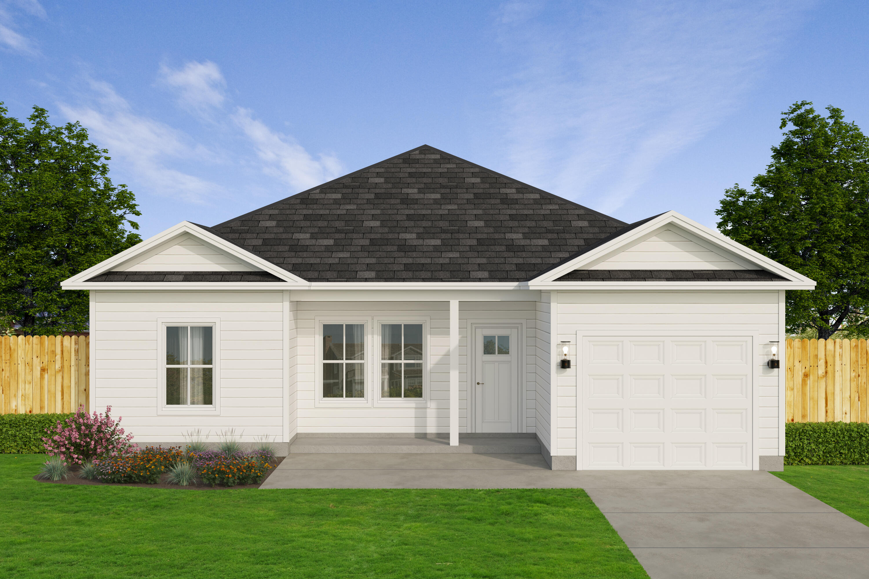 THOUGHTFULLY DESIGNED COTTAGE has big features, like luxury vinyl plank flooring throughout, white shaker cabinets, quartz countertops, recessed lighting, ceiling fans in all bedrooms, raised ceilings, finished garage, fully landscaped yard. Kitchen has pantry, work island with bar seating, primary bath has walk-in closet, double vanities, there is a mud room + laundry room. Low HOA dues include lawn maintenance (40 cuts per year), and seller will pay your $1,000 new buyer fee + $10,000 toward closing costs (restrictions apply). Late November/Early December completion. Call for more details.