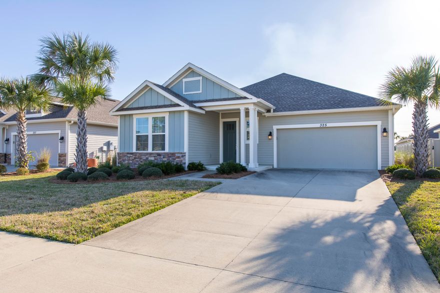 Beautiful Craftsmen Style 3 bedroom 2 bath with a split floor plan and an attached 2 car garage comes granite counter tops in kitchen & baths, stainless steel kitchen appliances, tile floor in kitchen and baths, hardwood floor in living room, carpet in bedrooms and custom blinds throughout. For added enjoyment enclosed spacious screened in porch in the back yard. This is a Samuel Taylor Built home with 2x6 exterior walls, higher insulation rating, energy efficient, hurricane tie down and rod anchor system with NO hurricane damage. Whisper Dunes has a community pool that includes restrooms and a covered cabana, a dog park for the puppies to play and the association maintains your lawn and landscaping. All measurements and sizes are approximate, Please measure for accuracy to verify