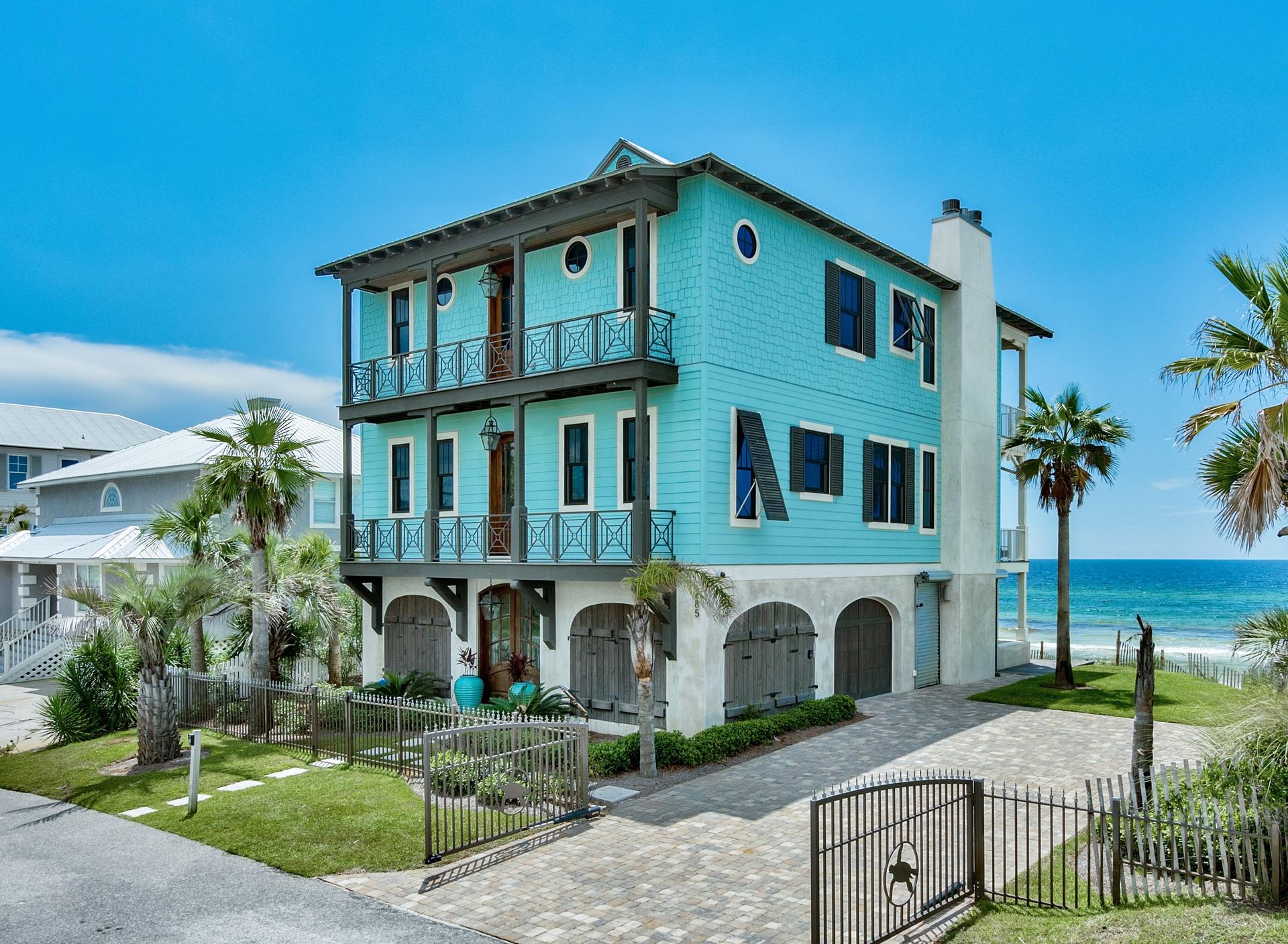 Imagine blue as far as the eye can see...that's what you get from his exceptional gulf front residence. Tangled in Blue is located in Gulf Trace in Grayton Beach. This ultra private neighborhood is surrounded by state parks with a beach that will take you back to the 30A of years ago. This quintessential beach cottage has shiplap walls, hardwood and stone floors, French doors, and plenty of windows to take full advantage of spectacular views. The home makes the most of outdoor living with balconies on every floor. Kitchen has marble counter tops, aqua glass back splash, stainless appliances, and double oven. This is a home built for a family with an oversized living/dining area and open kitchen. There is no pool, but room at add one. This one is truly a MUST SEE!