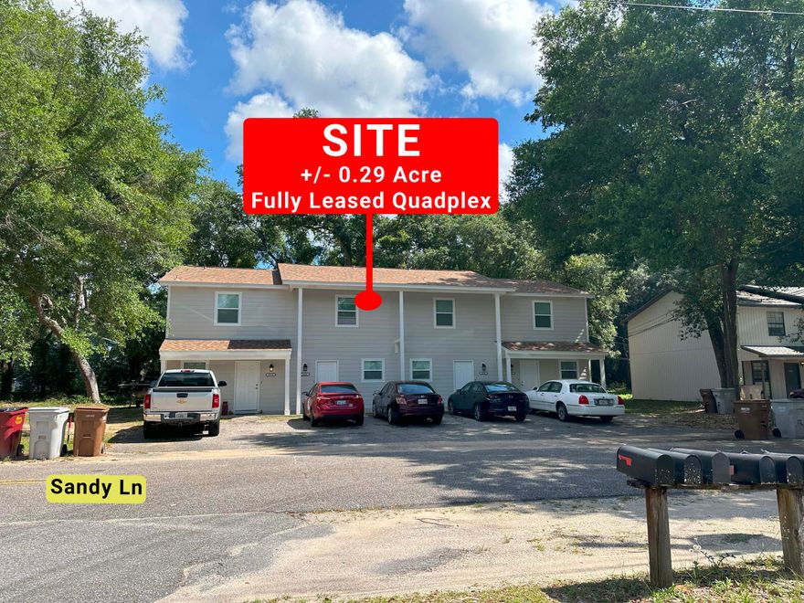 Investment Opportunity 4-plex in Milton, FL. Be a Resident Owner w/VA Financing available, or Conventional Financing with 20-25% Down with all of the units rented. Property is +/- 0.29 acres, with 90.52 feet of frontage along Sandy Lane. The property features four units, each
having a total SF of 1,120, 960 SF of living area. Perfect for the owner to use as a primary residence while leasing out the remainder. One lease expires June 2024; it would be available for the new owner. Zoned R3 - Medium High-Density Residential, located along Hwy 87 (16,317 AADT). Property is near the Naval Air Station
Whiting Field, Santa Rosa Medical Center, Santa Rosa Christian School, and King Middle School. Nearby national/credit tenants include Publix, Winn-Dixie, Tractor
Supply Co., and Starbucks