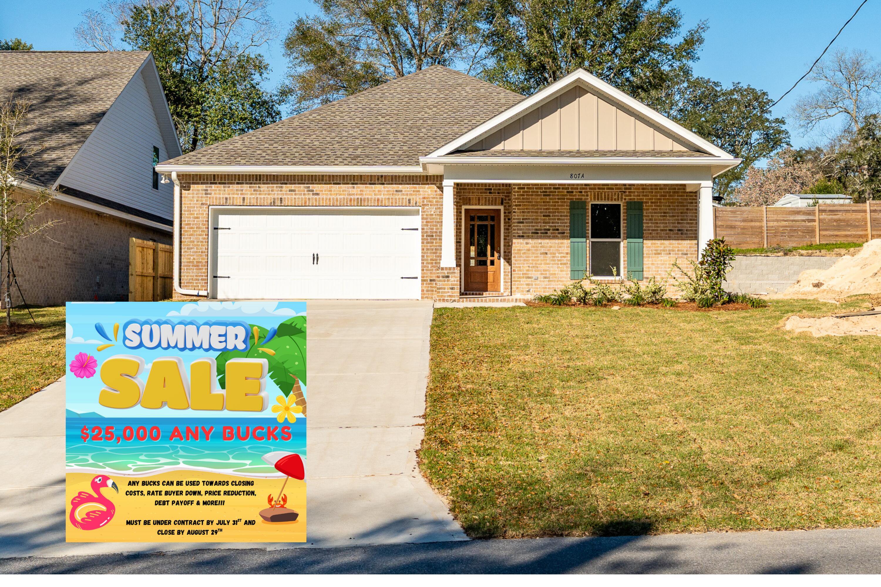 $25k ANY BUCKS!! Restrictions Apply See flyer! Located in the heart of Niceville this 4-bedroom, 2-bath home features an open floor plan with a spacious living, dining, and kitchen area. The kitchen boasts quartz countertops, solid wood soft-close cabinets, and GE Stainless appliance package, including a refrigerator. The split floor plan offers a private master suite with a walk-in closet connected to the laundry room. Additional bedrooms are perfect for family, guests, or an office. Enjoy the fenced-in backyard and full sprinkler system. Conveniently located near schools, NorthWest Florida State College, Eglin Air Force Base, and just 15 miles from Destin's beaches and shopping. Don't miss out on this move-in ready home!