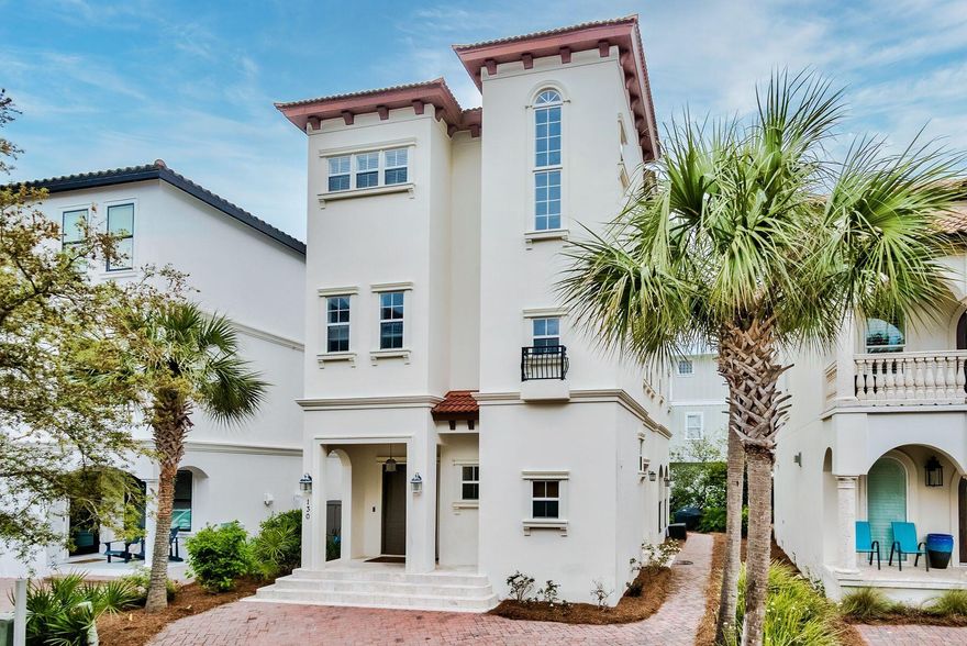 Primely located in the heart of Seagrove Beach, this Mediterranean style beach home sits just steps from the pristine white sand beaches of the gulf and sells fully furnished. Spend the afternoon at the beach or lounging at your own private heated pool on the covered back terrace with a convenient half bath. Tucked away inside the gated community of Palmeira Villas, this turn-key home offers easy access to Seaside, Seagrove Beach, and other nearby attractions along 30A. Each of the three master suites - one on the 2nd floor and two on the 3rd floor - boasts a private ensuite bath complete with a dual sink vanity, a walk-in shower, and a soaker tub. The 2nd floor also features a spacious bunk room with two built-in bunks and an ensuite bath, plus a sitting area and an additional full bath.