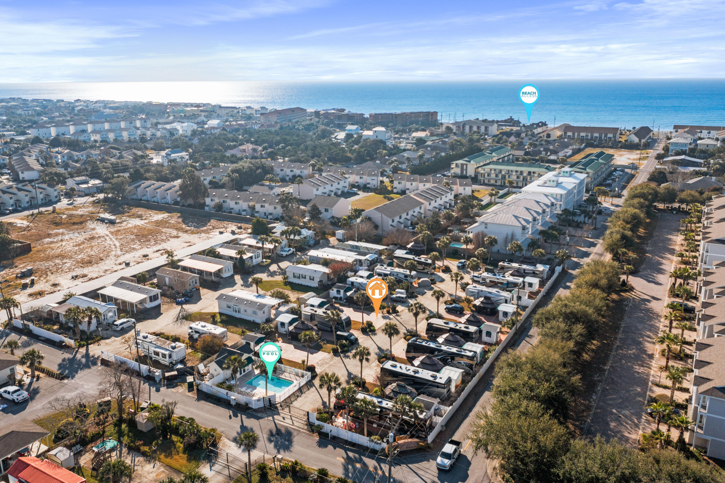 Located in South Walton's exclusive ''Class A Coach'' non-rental gated community Oceanside, this upscale RV park is just a few blocks to the beach! Located just 3 lots from the community pool and the lot includes an attractive and large gazebo with a 1 year old metal roof and storage shed with fridge. HOA fees include ground keeping and irrigation, private road maintenance, security gate, community pool & common facilities/laundry room, sewer/water, trash disposal. 2 dogs under 25 pounds or 1 under 50 of non aggressive breeds, with board approval. Close to bike/walking paths & public beach access by Pompano Joe's Restaurant, as well as just minutes to all of the shopping and restaurants that the Emerald Coast is known for. Only 'Class A Coaches' allowed. No 5th Wheels or Trailers. Buyer please verify all information.