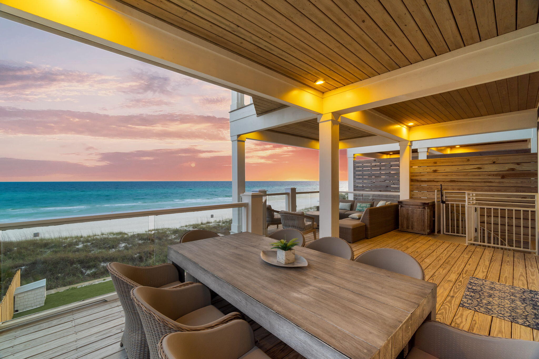 With rental projections at $476,000 annually, this gorgeous beachfront residence provides the ultimate escape only seven minutes from 30A. This wonderful home has been designed to feature sweeping gulf views on every level. Soaring high above the white sandy beaches, this seven bedroom property offers an unmatched experience with its beachfront heated private pool, hot tub, & spacious pool deck. As an added bonus, the property offers a large turf area facing the beach, perfect for events. All of your guests will take delight in the first floor entertainment living room which leads out to the pool. This extraordinary home can accommodate up to 26 guests with balconies, porches & living spaces on every level. This coastal escape has been constructed perfectly with the ultimate vacation in mind. The first level of the home offers two separate living areas along with a kitchenette & foosball table. The second level features the main living area where you are greeted by a cozy fireplace and gorgeous furniture. The kitchen offers bar seating for eight and the dining table also has seating for eight. Just outside the sliding glass doors, the outdoor dining table has seating for eight as well. On every level of this home, you can open the balcony doors to take in the breeze & spectacular views. At this property, you have the ultimate retreat for unforgettable beach and pool days. Perfectly located just seven minutes from Rosemary Beach, you are just minutes from all the famous shops & restaurants 30A has to offer. This beachfront getaway is offered fully-furnished and conveys with strong rental history as well as many future rental bookings in place. Inquire today to set up a private tour of this lovely beachfront property.