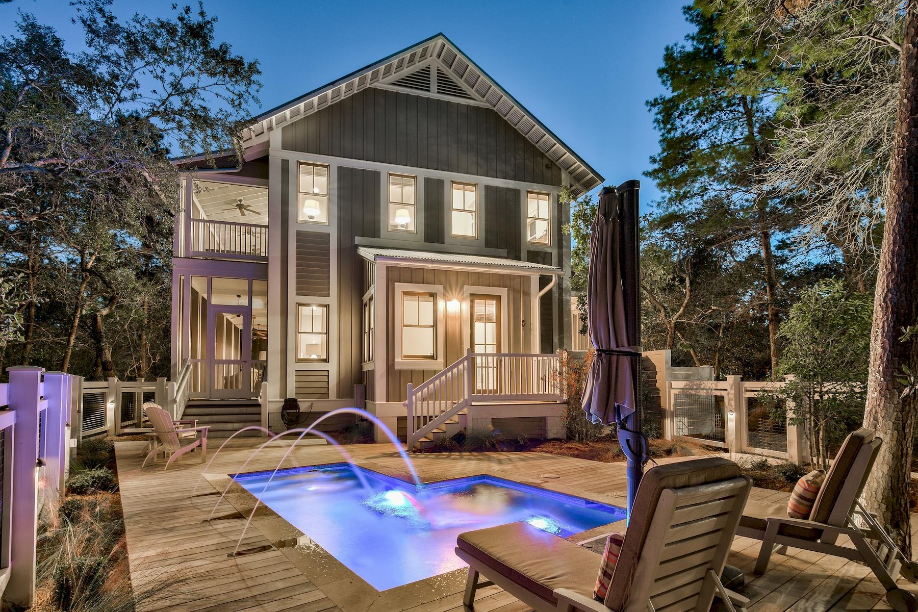 Mature wooded surroundings enhance the generous corner lot of this classic WaterColor home. Ideally located in Phase 1 with easy access to Seaside, this home also has a new pool/spa; first floor master; second floor additional living room; four bedrooms with ensuite baths in the main house and one of the most generously sized carriage houses in WC. The kitchen accommodates several creative cooks at once and the home offers multiple porches including an upper screened porch complete with ping pong table! The document section outlines the extensive renovations and improvements completed in the last 18 months. This home is like new!