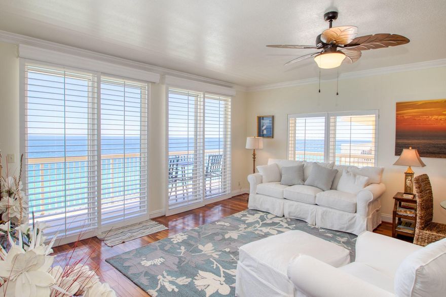 Highly coveted and upgraded 2-bedroom west-facing corner unit in Calypso Resort's East Tower. This 17th floor unit boasts incredible gulf views from nearly every room, including the gulf front master suite. Loaded with upgrades, this unit features Brazilian Koa Tiger Wood hardwood floors, crown molding, custom wood plantation shutters, stainless appliances, recessed can lighting, frameless walk-in shower and separate tub in the master bath. The spacious kitchen has a large island with breakfast bar. Located walking distance from Pier Park, the area's most popular shopping, dining, and entertainment epicenter. With one of the most sought-after floor plans in the development, this unit is ideal as a rental investment or personal vacation property and is an absolute must-see!