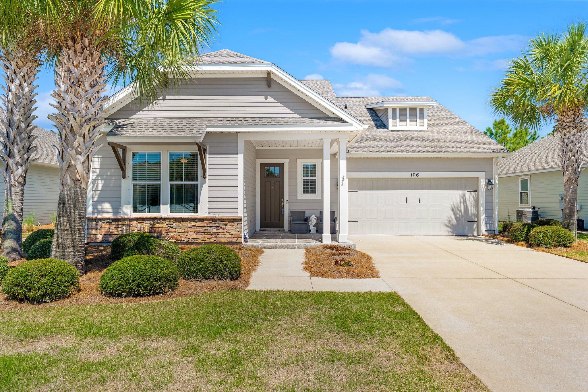 Welcome to 106 Blue Sage Rd, a rare 4BR/3BA gem in the desirable Whisper Dunes neighborhood! This well-maintained home features low-maintenance Hardie board siding, a whole-house Generac generator, a 2023 roof, 2022 water heater, and a 2021 exterior repaint. Three bedrooms and two baths are on the first floor, with a private guest suite upstairs. Enjoy the open-concept kitchen/living area, a covered porch, and privacy-fenced backyard. The spacious primary suite includes a walk-in closet, double vanity, garden tub, and separate shower. Whisper Dunes offers a community pool and a prime west-end location just minutes from the beach, all the entertainment opportunities Panama City Beach has to offer and 30A without the 30A prices. Don't miss this one!