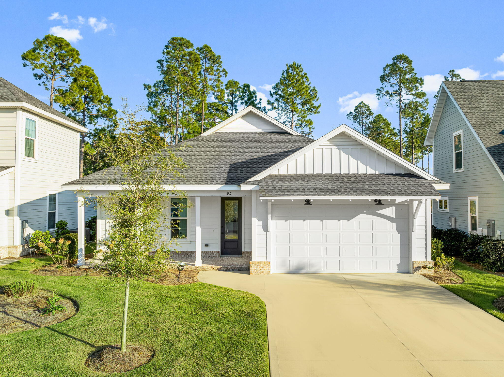 This Bella B floor plan is located in Stillwater phase within the Watersound Origins community. It has 3 bedrooms and 2 baths with a 2 car garage and an extended front porch. This open floor plan includes 9' ceilings throughout, quartz kitchen and bathroom countertops, stainless steel appliances, wood cabinetry with soft-close features and under cabinet lighting, crown molding, and brand new Luxury Vinyl Flooring throughout. Notable exterior features include irrigation system, gas stub for grill, and a large screened in expanded back porch for entertaining. Backyard is private with greenspace!  Recent exterior landscape. A must see to appreciate the open airy beach escape!