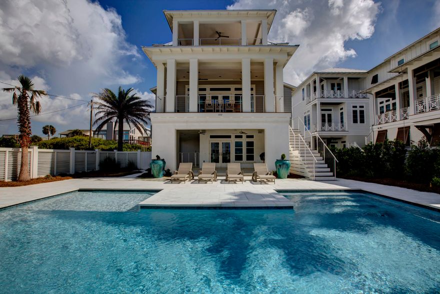 Stunning & elegant, 300 Pompano is truly a builder masterpiece. Pompano comes complete with every finish the coastal luxury buyer is searching for. From the standing seam roof lines to the open living spaces, 300 Pompano has it all. The exterior is appointed with lush landscaping and a heated pool with a cascading waterfall. The exterior also has a complete high end outdoor kitchen, pavers and a two car garage. One notices right away, not only will this exquisite home be a fabulous rental home but a full time owner would gladly reside here due to the size of the lot and location. The pool deck is surrounded by firerock which leads into the 1st floor. On this floor you will enter into a large Cabana Room where you will find classic shiplap walls throughout. This floor comes complete