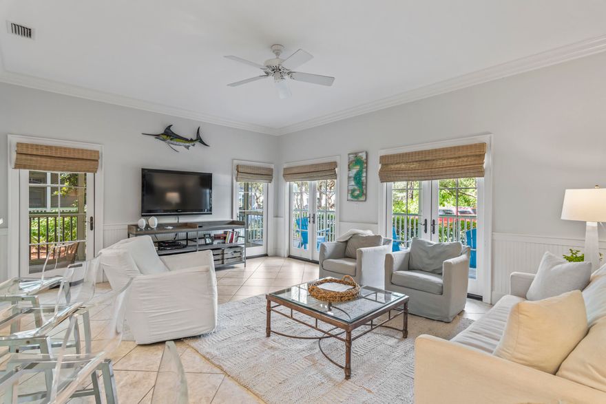 Enjoy the perfect moments in your condo beach getaway in the heart of Watercolor! Across the street from Cerulean Park and a two-minute stroll from the beach, this beautiful and bright two-bedroom, two-bathroom property is located in Watercolor's most desirable neighborhood. All of the rooms are on one level and are on the ground floor, making them accessible to family and friends of all ages and providing beautiful park views. A few of the numerous features include an open floor plan, spacious rooms, 10' ceilings, crown molding, double French doors that open to the covered porch overlooking the park, and a screened-in private side porch. The master bath has double sinks, large tub, and oversized walk in shower. From the second bedroom or hallway...