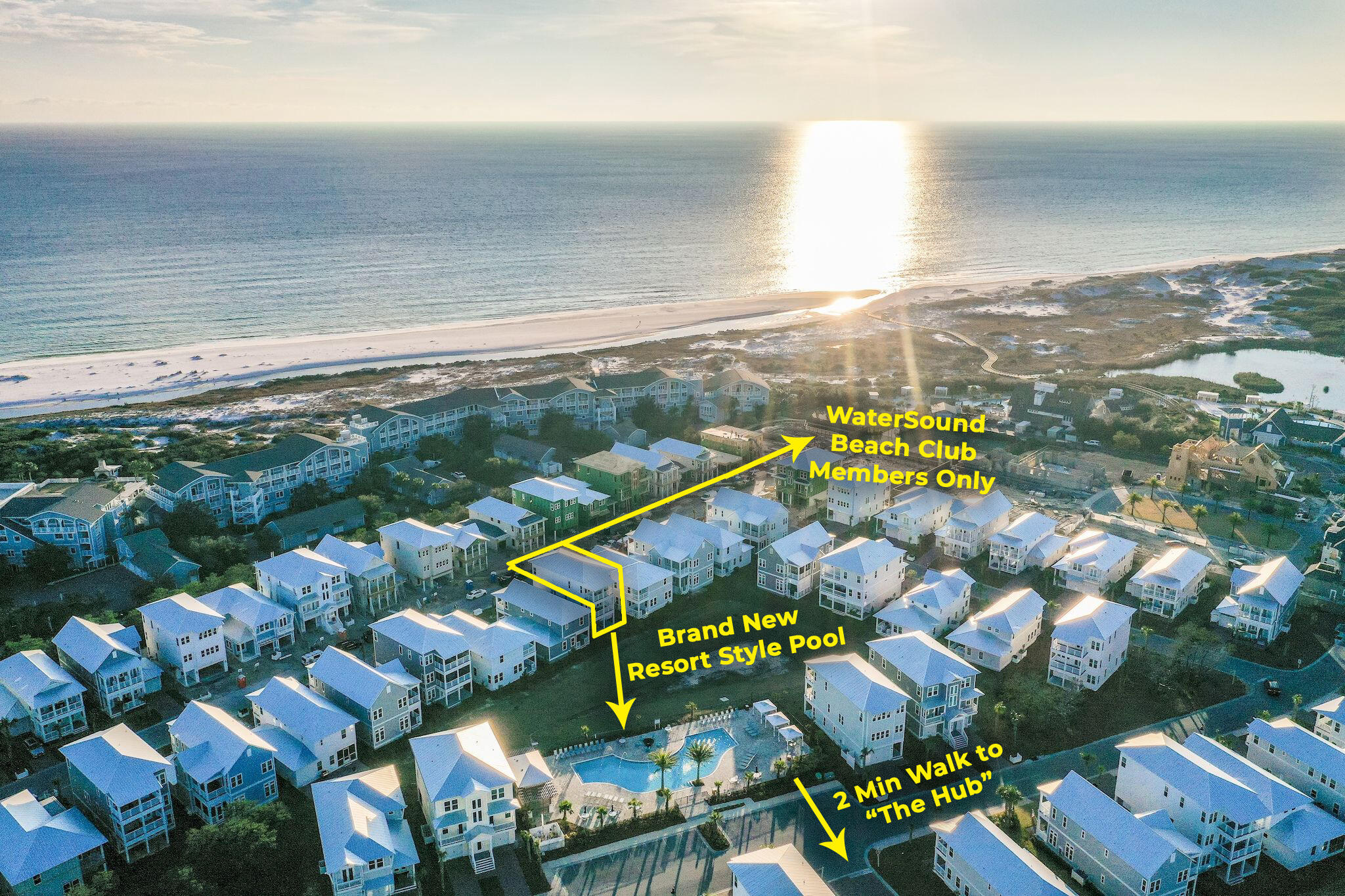 Gulf and pool views abound in this exquisitely furnished beach home located south of 30A in the community of Prominence. This 3 story home equipped with an elevator is just steps from the walkway to WaterSound Beach Club and backs up to the new resort pool. Drive up to your pavered driveway before parking in the 2 car garage. The 1st floor suite serves as both a bedroom and 2nd living room accessing one of the 3 outdoor living spaces. The 2nd floor, exceptional for entertaining, has a large great room, kitchen, dining area, powder room and another balcony. The 3rd floor hosts the master suite along with 2 guest bedrooms, 1 with stunning Gulf views, and a full bath. Exceptional craftsmanship and finishes can be found throughout including shiplap and crown molding, 8ft doors, 10ft ceilings