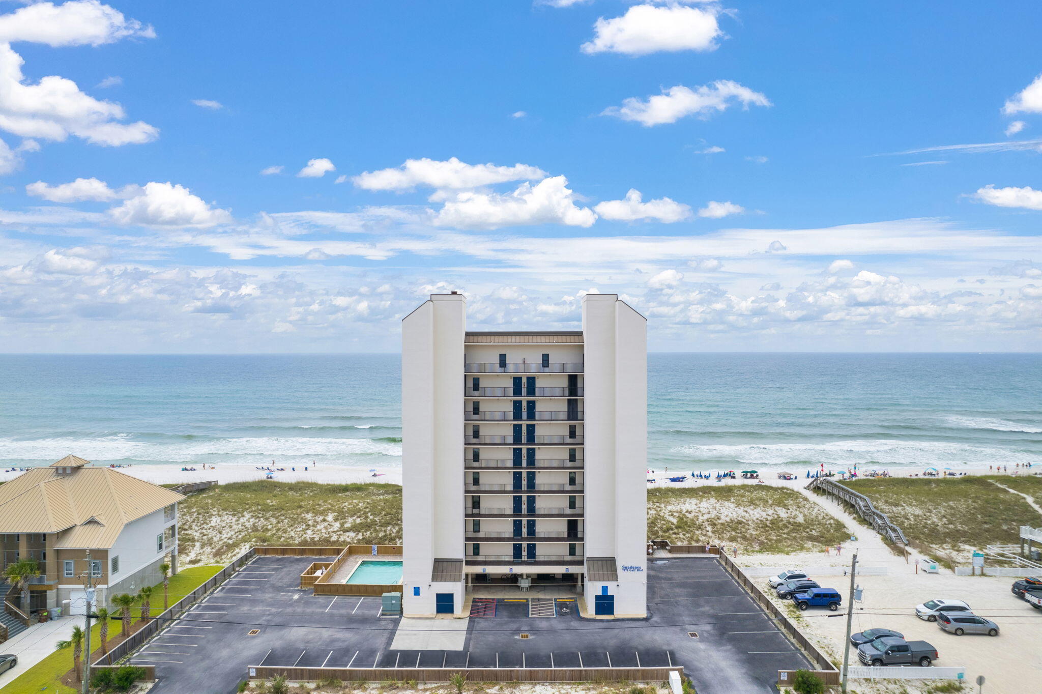 BUYER FINANCING FELL THROUGH. TITLE WORK, INSPECTIONS, AND APPRAISAL WAS DONE ALREADY.NGorgeous GULF VIEWS with a beautiful sunrise to start your day! This 2 bedroom 2 bathroom condo can be used as a vacation rental or primary residence. The unit will come fully furnished with coastal decor as well! Multiple sets of Polywood style furniture that will convey. (Extremely durable for Gulf side balconies) The is a corner unit so you have EXTRA GULF views unlike the interior units. The extra windows in the living room really show off the NAVARRE BRIDGE down the beach and you can also view the community pool down below. Its a rare opportunity to find a corner unit that is move in ready! Start up your vacation rentals this year or just keep the unit as a 2nd home for yours