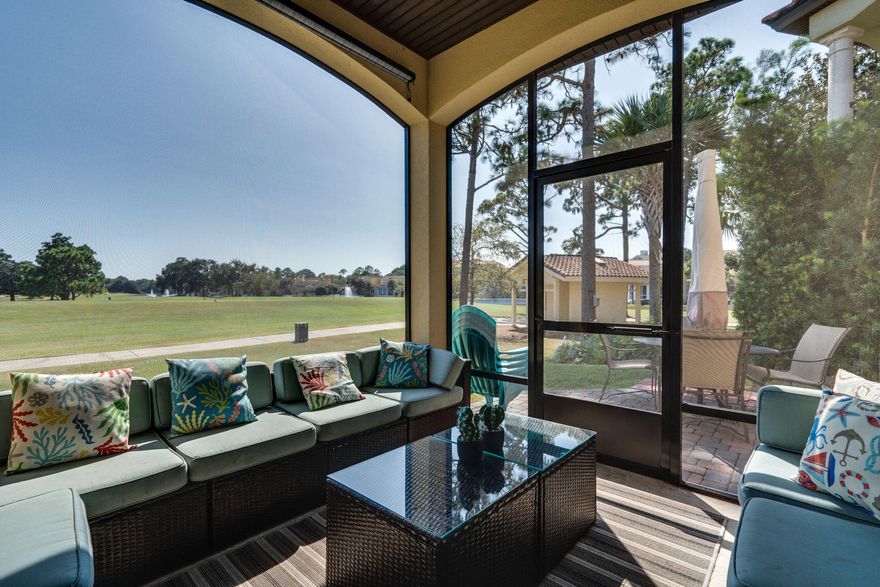 Enter through the Mahogany double doors to this beautiful Mediterranean home with plenty of room for all of your family and friends. Offered fully furnished including two golf carts - 6 seater and 4 seater - both less than 2 years old. The first floor features an open floor plan to living, dining and kitchen, granite counters and breakfast bar. Outside enjoy the screened-in patio and the extended paver area for grilling while taking in the 180 degree golf course and lake views. The first floor also features the master suite with large garden tub and walk-in shower and half bath. On the second floor there are 4 bedrooms  one is a bunk room - and 3 full bathrooms. Travertine flooring and crown molding run through out all common areas and all bedrooms have hard surface wood flooring.