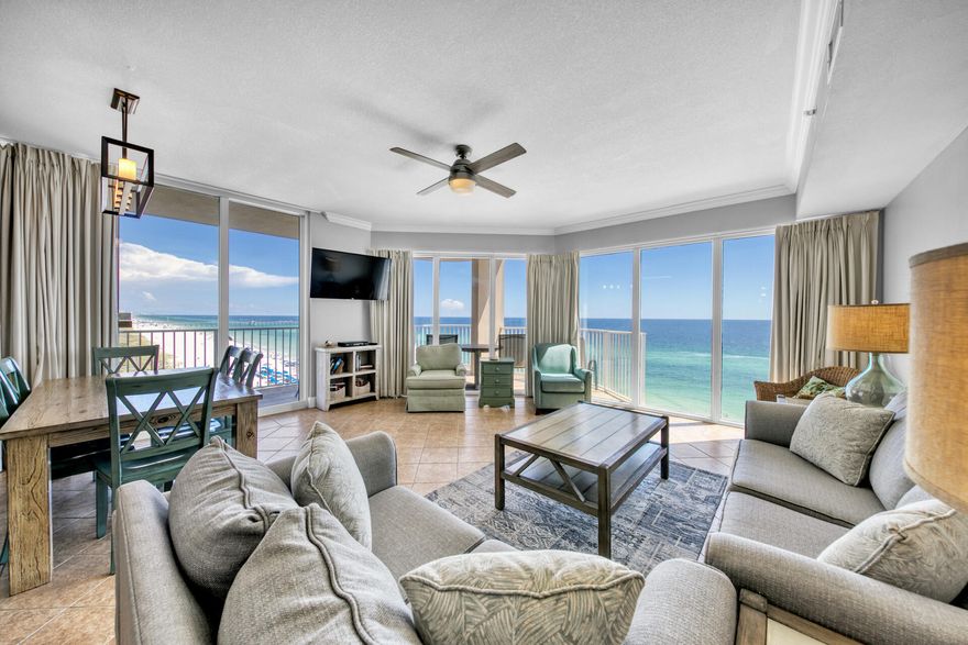 Enjoy stunning gulf views from almost every  rom in this East end unit! Located on the 7th floor in the highly sought after Tower II, with an open living area, kitchen with breakfast bar, 3 bedrooms, bunk area and 3 full baths. Unit is being sold beautifully furnished and features ceramic tile, wood floors in bedrooms and a lovely large wrap around balcony. This unit is truly a must see for anyone looking for a short term rental property or second home. Tidewater is known for its convenient location, which is only minutes from Pier Park and the Northwest Florida airport and all of it's great amenities, including 636 ft. of beach front, two 4,200 sq. ft. outdoor pools, a heated indoor pool open all year, conference center, 70-person stadium style movie theater and an arcade style game room