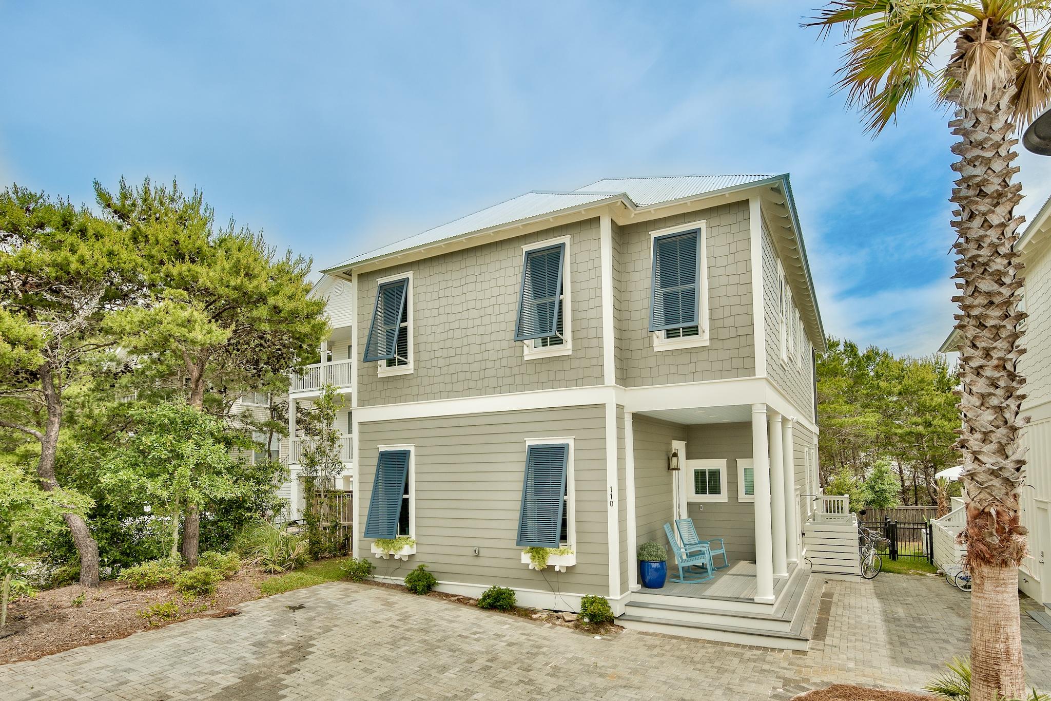 Interior photos on the 31st!  Welcome to Dune Side! Walk to the beach from this top producing rental beach home. The interior has been freshly redesigned in a palette of white on white; simple pure elegance with a timeless feel. New furnishings have transformed the once beachy beach style home to a crisp, clean and airy style.The Palm is a 4 bed/4 bath plan in sought after Blue Mountain Beach located on a beautiful palm-lined private street, just steps from shops, and restaurants. Only a 7-10 min walk to the beach!  This custom-modified 2018 built Palm Floor Plan is a  smart home with technology including Ring Security Doorbell, Yale key remote capable  front entry lock, 3 Ring exterior security cameras,