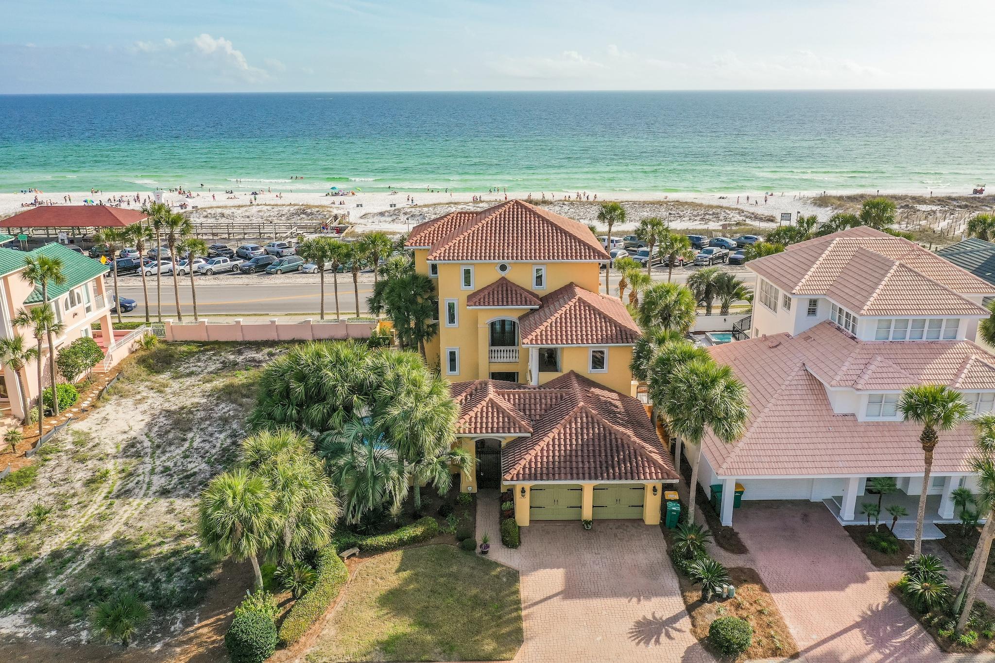 Currently under contract with contingencies. Seller still accepting offers as a ''kick out'' clause is in place.Unobstructed, permanent gulf views don't get any better than this. 180 degrees of snow white beaches and emerald green waters from every vantage point. Custom Mediterranean-inspired retreat with a private, heated pool in gated Destiny (West). Walk just across the street to one of our coast's widest stretch of public beaches. Grab lunch at the Crab Trap or Camille's. This home is an ideal rental winner or private retreat. Never rented and immaculate with projected rental income above $170K/year. 4648 Destiny Way's cheery exterior reflective of the Florida sun, lush tropical foliage, and deep shaded balconies are as striking as the aquamarine waters visible from its walls of wi