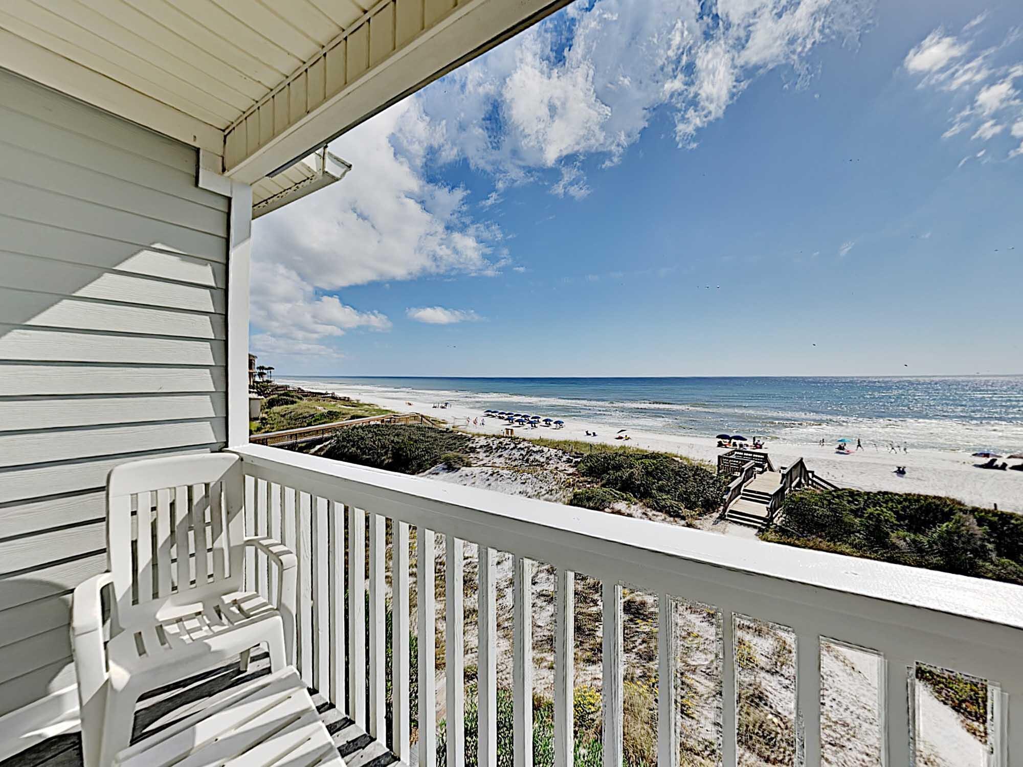 BEACH FRONT - This beautiful 3 bedroom 3 bath town home has the beach as it's back yard.   You can't get any closer to the beach - with views from all three levels.    These units don't come on the market often!   Unit 2-D has been updated - with the garage renovation to include a separate living space with 1 bedroom, full bath and laundry room. The second floor has a beautiful kitchen-living space with a huge deck overlooking the beautiful blue waters.   The master bedroom with sliding doors that open up to the 3rd floor deck offering the gulf breeze and amazing views for miles.   Also on the 3rd floor is another bedroom with double  bunk beds.   This unit is on the rental program and is completely booked thru August.  Hurry, this one won't last long.