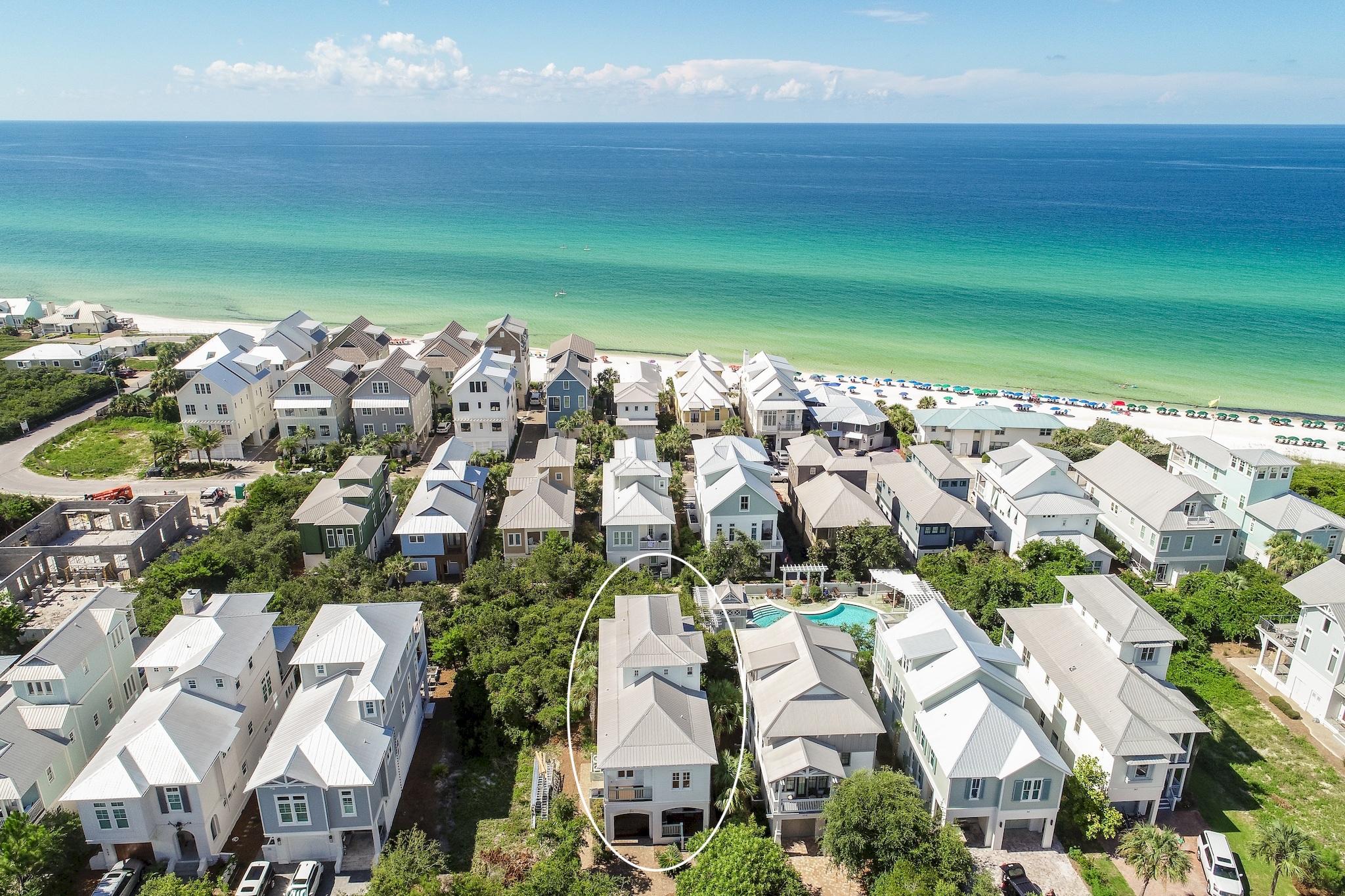 Ideally located South of 30A in Inlet Beach, this charming beach home offers both prime location and beautiful custom finishes. 371 Walton Rose Lane is just 75 yards from the gorgeous Gulf of Mexico beaches, and only steps away from the neighborhood pool. Enjoy the world class dining, shopping, and entertainment of Rosemary Beach and the shops of 30Avenue, just a walk or bike ride away! The home also offers private Barbery Coast deeded beach access, and features Gulf views from the 2nd and 3rd floor decks.Just outside your back door and to the right, you'll find the Barbery Coast pool. It's like having a private pool without the maintenance!