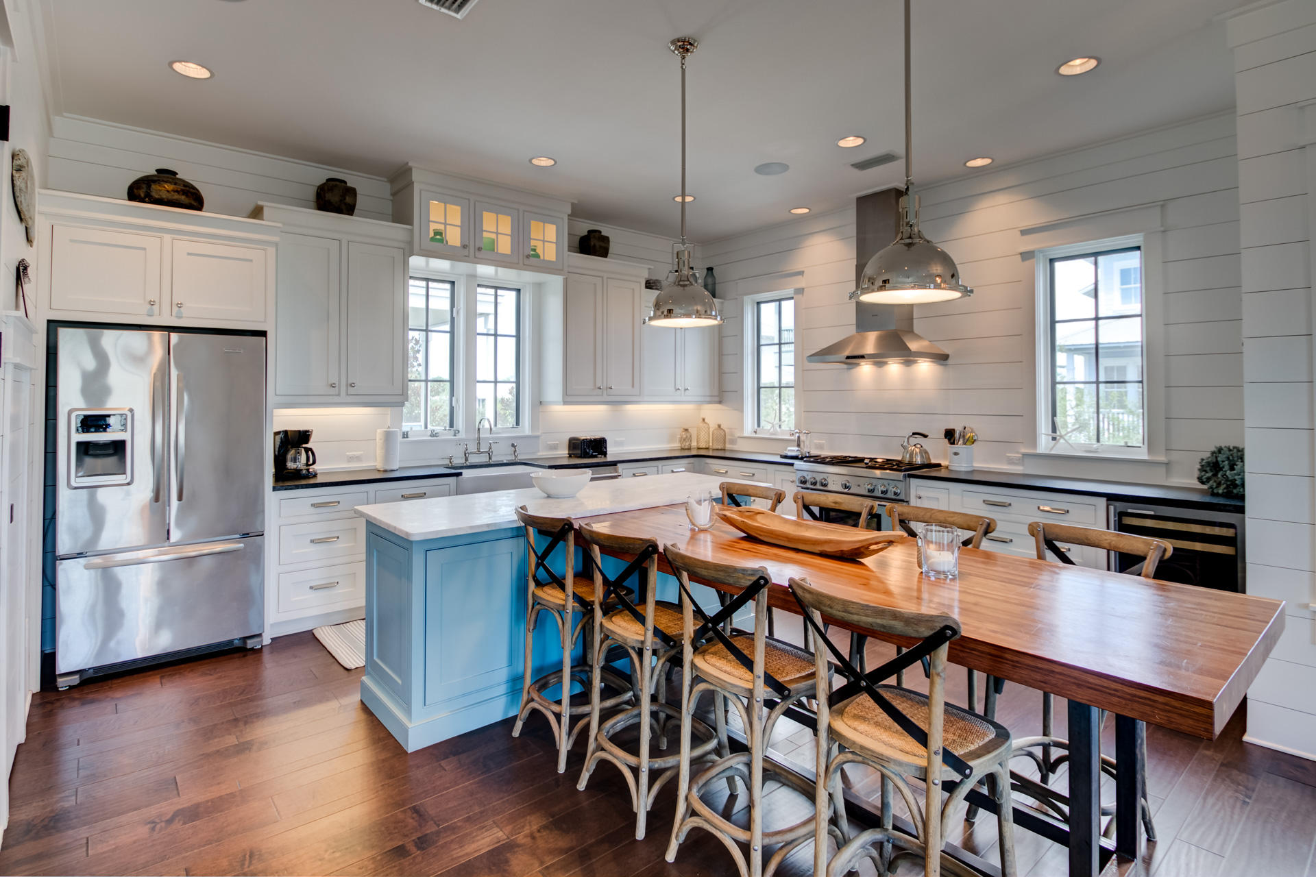 Custom home located in Summer's Edge finished in 2014, just steps from deeded beach access and pools. Professionally designed, Industrial Chic finishes inspire luxury coastal living for your perfect beach retreat. A spacious, open plan with the living, dining, and chef's kitchen on the second floor makes it perfect for entertaining and large family gatherings. The first floor has two guest suites each w/private baths and open to first floor deck, kids area w/4 bunks and TV hangout, and laundry/mud room. The third floor has the Master suite with large open bath, free standing tub, walk-in closet, and private deck with Gulf views. Additional bedroom/office is located on third floor. Spacious decks on all three levels. Schedule your private showing today and start living the beach lifestyl